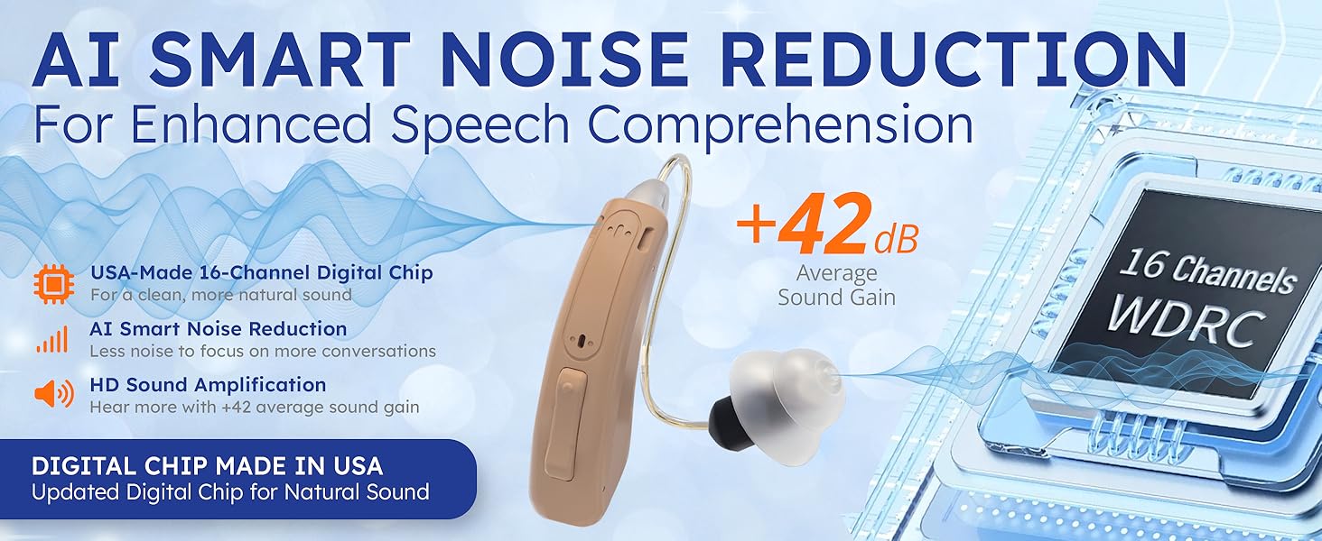 AI smart noise reduction for enhanced speech comprehension. 16-channel digital chip made in the USA
