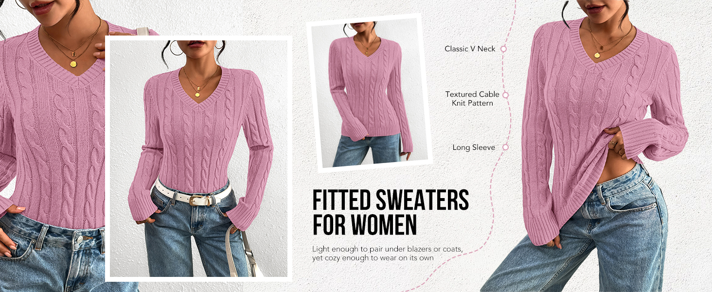 PRETTYGARDEN cable knit womens pullover sweater slim fit v neck pullover tops