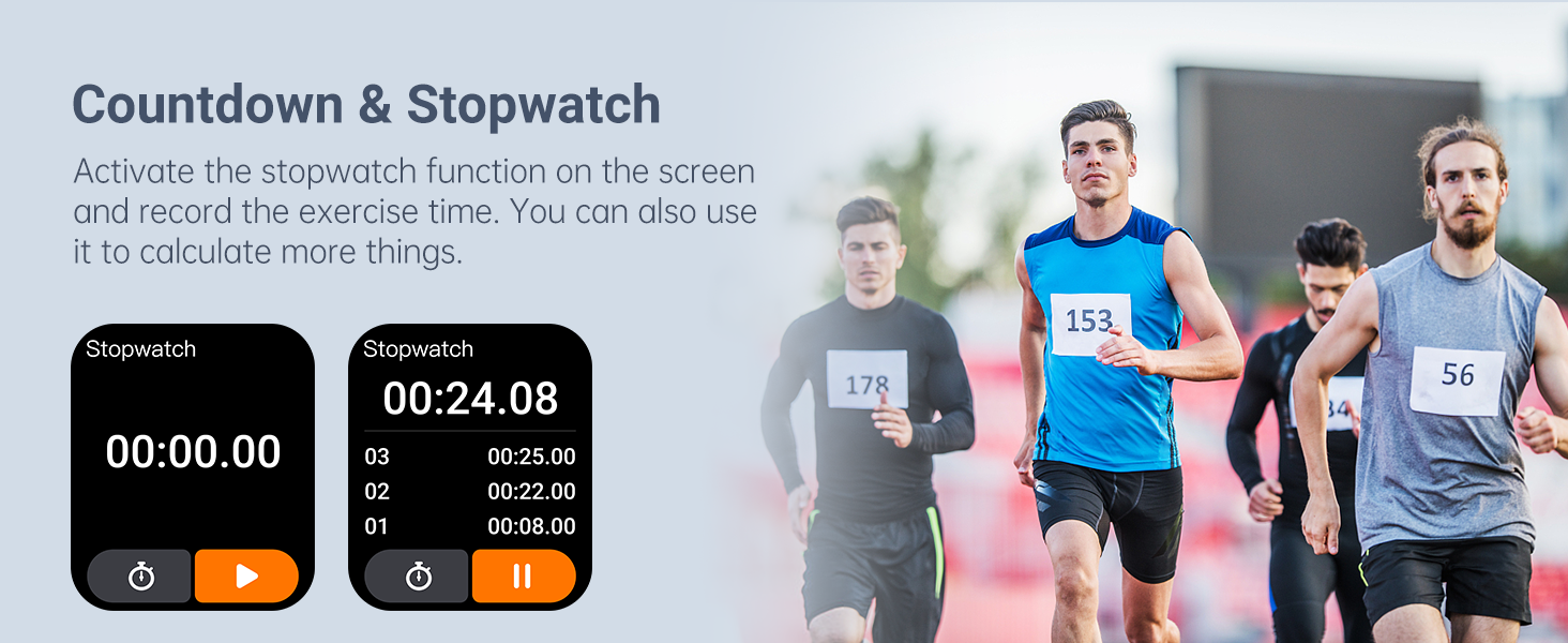 Countdown and stopwatch app interface showing timer displays. Image of runners in a race wearing numbered bibs demonstrates the app's use in sports timing.