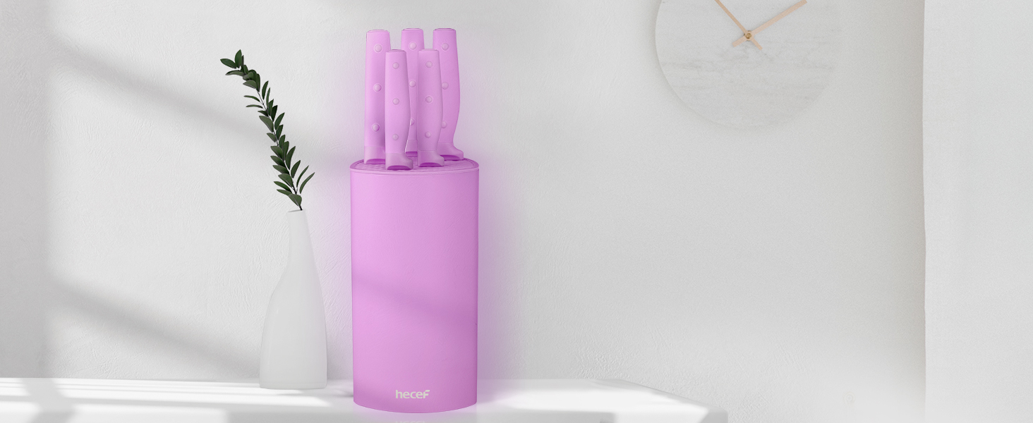 hecef Knife Set, 6 Pieces Kitchen Knives with Universal Knife Block