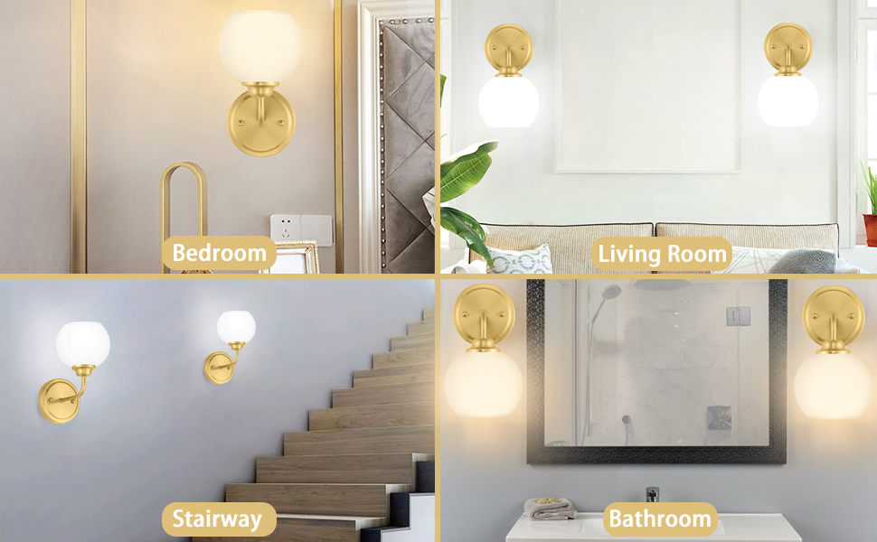 jubilite Gold Wall Sconces Set of Two, Brushed Brass Gold Bathroom Light Fixtures Wall Lights with Frosted Milk Glass Shade, Modern Bathroom Gold Sconces Vanity Lights Wall Light Fixtures, E26 Socket -