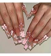 Long Coffin Press on Nails Ballerina Fake Nails with Designs 3D Cherry Stick on Nails Pink French...