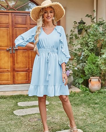 3/4 Sleeve Tie Waist Dresses