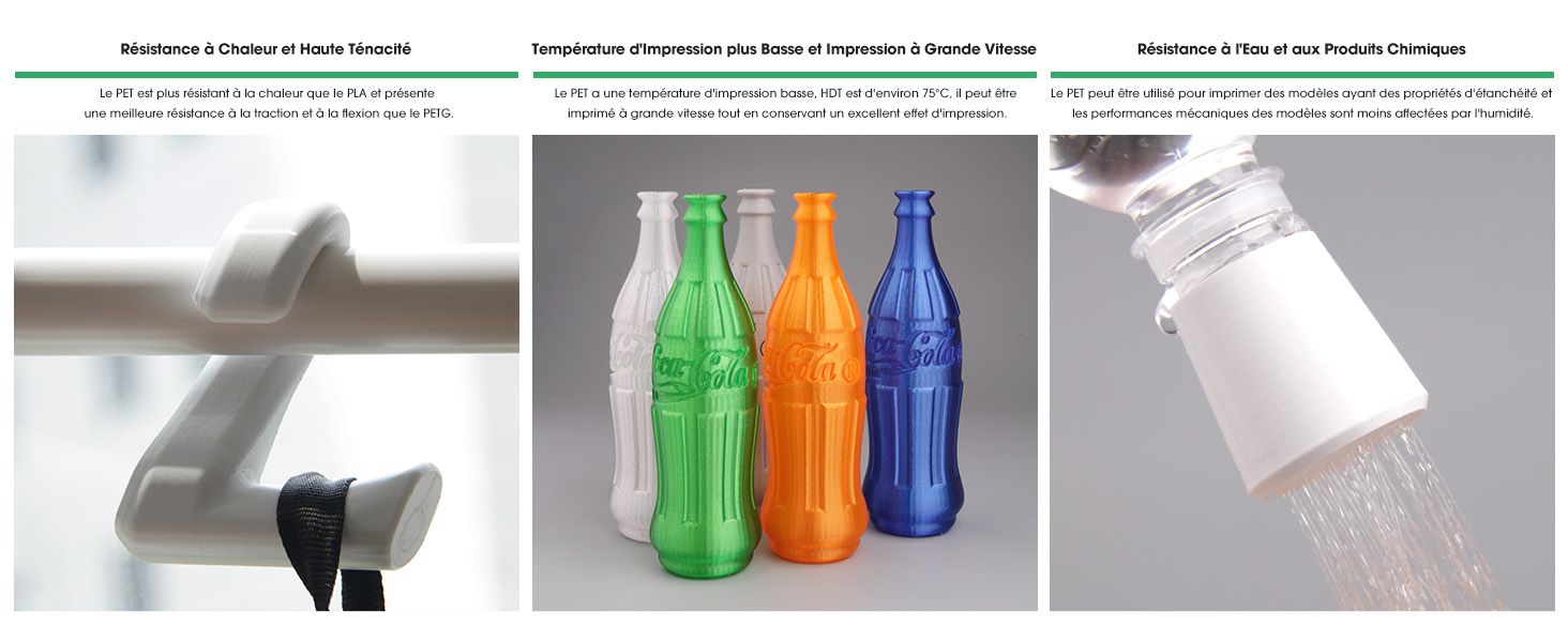 Image à trois panneaux : La gauche montre un appareil électronique blanc avec une attache noire. Le centre présente des bouteilles en verre colorées. La droite montre un contenant blanc distribuant de la poudre ou des granulés