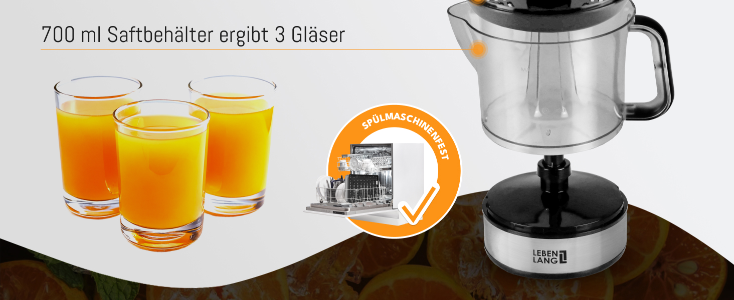 Elektrische Zitruspresse mit transparentem 700-ml-Behälter und schwarzem Boden. Drei Gläser Orangensaft sind abgebildet. Der Text gibt an, dass der Behälter 3 Gläser enthält. Spülmaschinenfestes Symbol im Lieferumfang enthalten.
