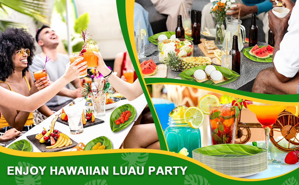 50PCS Tropical Palm Leaf Paper Plates, Hawaiian Luau Green