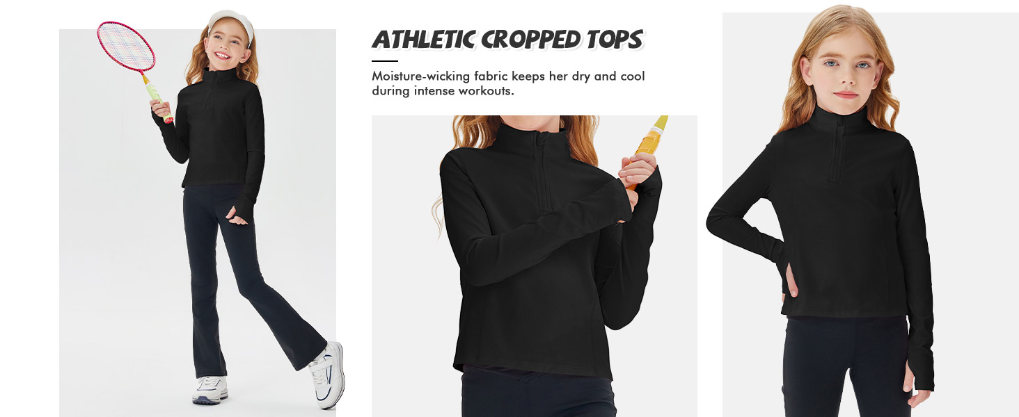Girls Half Zip Pullover Sweatshirt Kids Long Sleeve Workout Shirts Mock Neck Athletic Cropped Tops