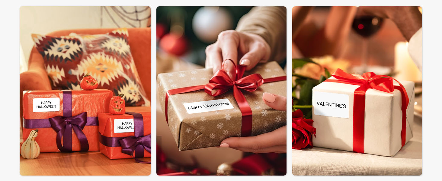 Collection of wrapped gift boxes in various sizes with red and purple ribbons and bows, shown from multiple angles.