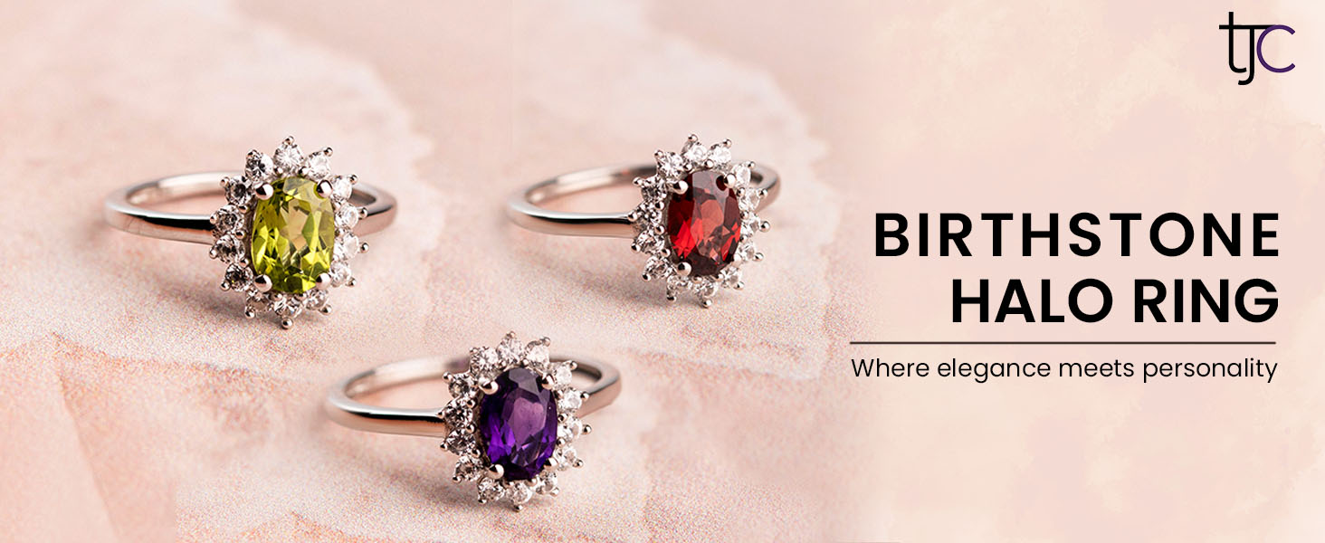 TJC Halo Engagement Ring for Women in 925 Sterling Silver with Amethyst