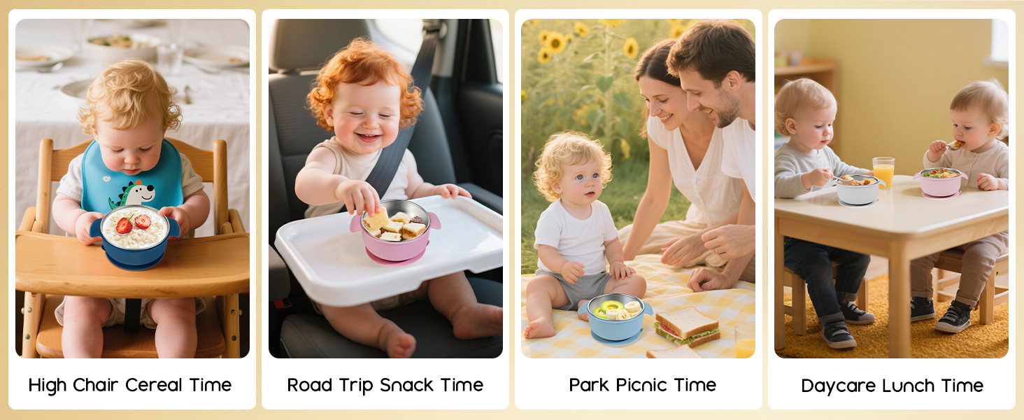 Suitable for high chair cereal time, road trip snack time, park picnic time and daycare lunch time