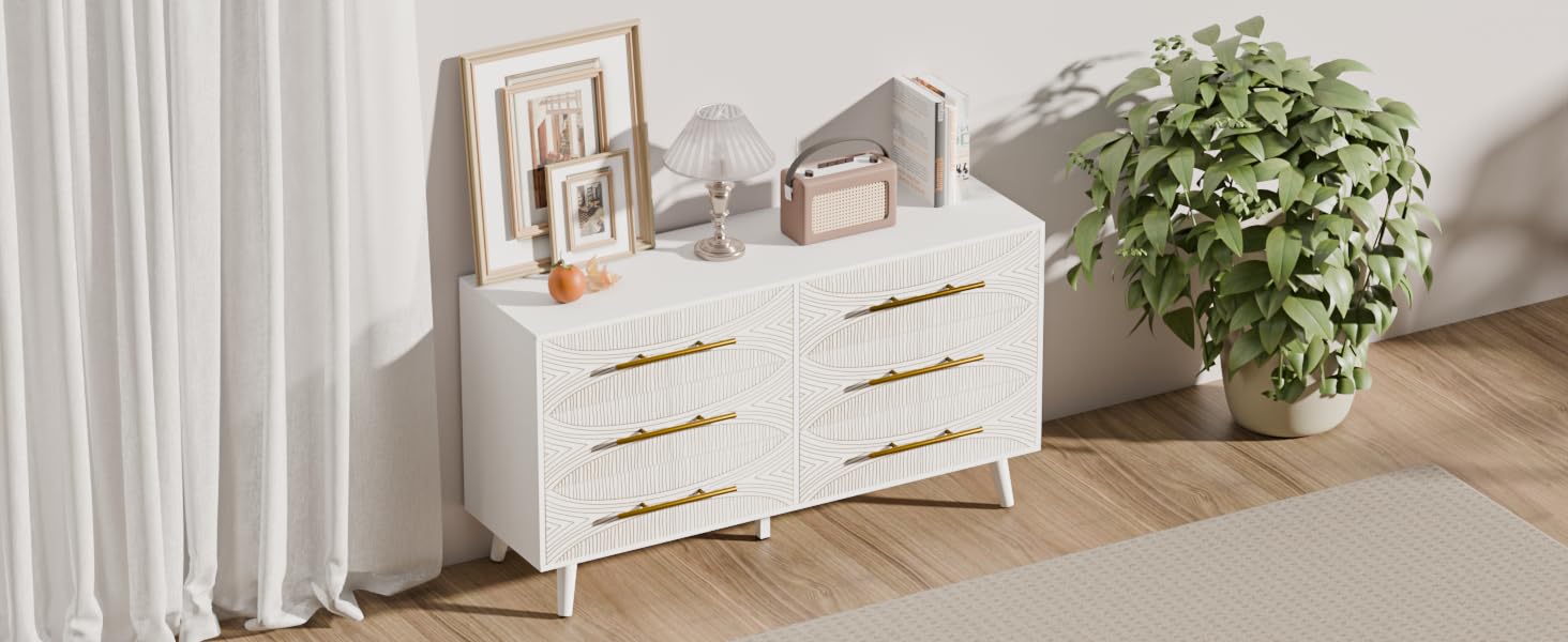 FNCK White Dresser for Bedroom with 6 Drawers, Wide Chest