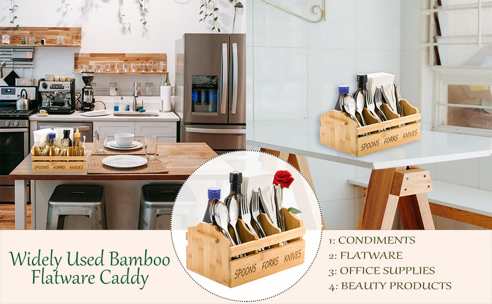 Yesland Silverware Holder Caddy, 4 Compartments Wooden