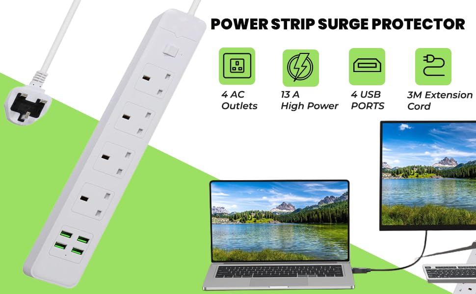 Pixezo Extension Lead Extension Lead with USB Slots Surge Protected