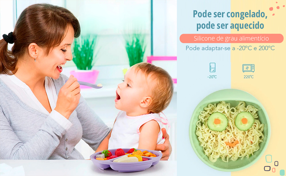 Imagem de uma mãe alimentando um bebê, e destacando que o produto pode ser congelado ou aquecido