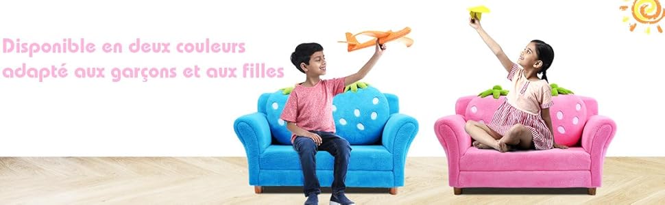 RELAX4LIFE Canapé Enfant 2 Places Avec Rembourrage En Éponge, Surface Peluche De Corail, Fauteuil Sofa Avec 2 Oreillers En Forme De Fraise Pour 3-7 Ans, 90X53X48 CM, Rose/Bleu (Rose) 17 2couleurs