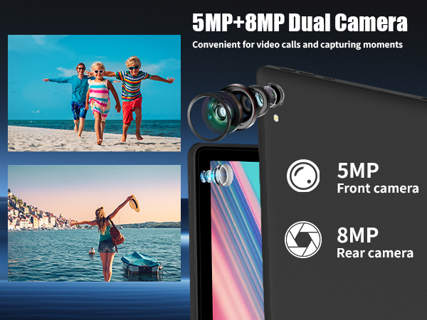 Smartphone camera feature advertisement showing dual camera setup with 5MP front and 8MP rear cameras. Sample photos of beach scenes are displayed.