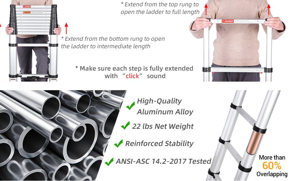 Ohuhu 10.5 FT Aluminum Telescoping Ladder, ANSI Certified OneButton