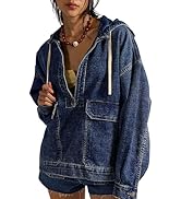 Omoone Women's Denim Pullover Jacket Oversized Half Zip Hoodie Jean Top Sweatshirt with Pockets