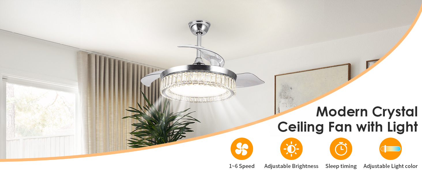 Crystal Ceiling Fan with Light Chandelier Fan for Bedrooms