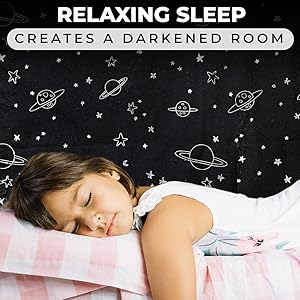 Portable Blackout Blind For Bedroom, Nursery and Travel with Lockable Suction Cups, Reflective Silver Lining, Adjustable Size, Planets Pattern (180cm x 130cm) 12 Relaxing Sleep