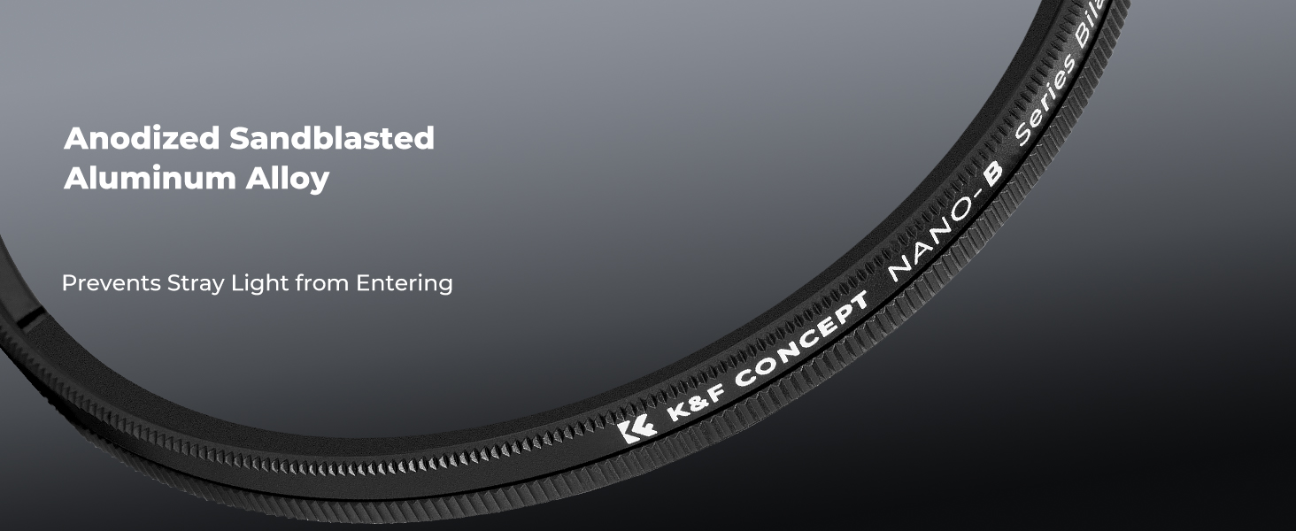 Black circular camera lens filter with textured edge. Made of anodized sandblasted aluminum alloy. Designed to prevent stray light from entering. Brand name visible on rim.
