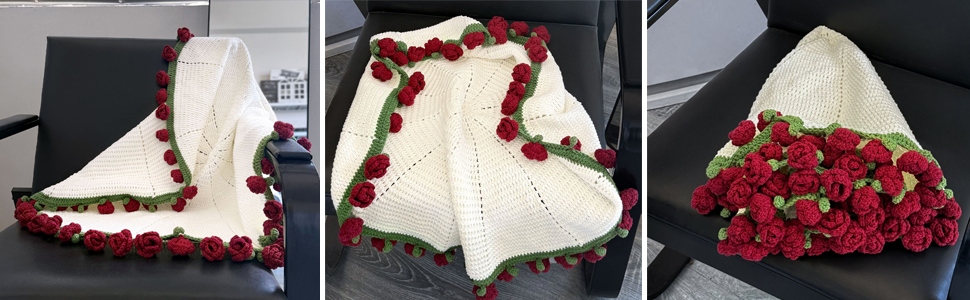 JFUJFU Handmade Roses Flower Bouquet Blanket with Crochet for Birthday & Wedding & Valentine’s Day