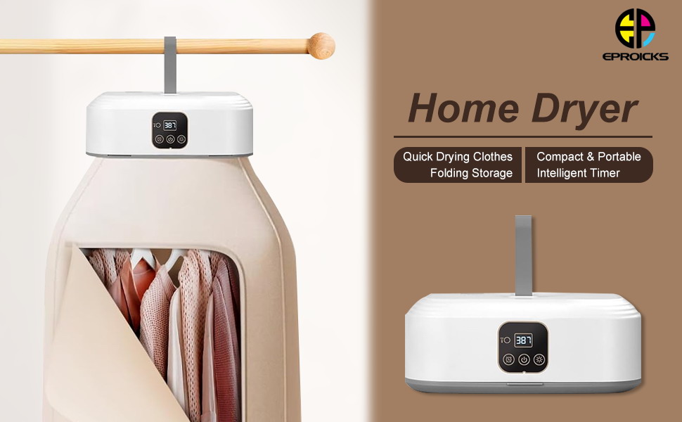 Dispositivo cilindrico bianco compatto etichettato «Home Dryer» con vestiti appesi all'interno. Presenta un'asciugatura rapida, un design pieghevole e