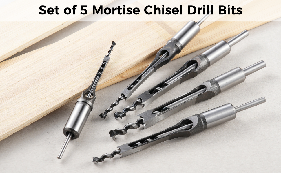 yeesport Mortise Chisel Drill Bits, 5 Pcs Square Hole Drill Bits 6.4/8/9.5/11/12.7mm