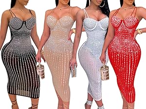 Lrady Women Glitter Hot Drilling See Through Sheer Mesh Bodycon Party Midi Dress Clubwear