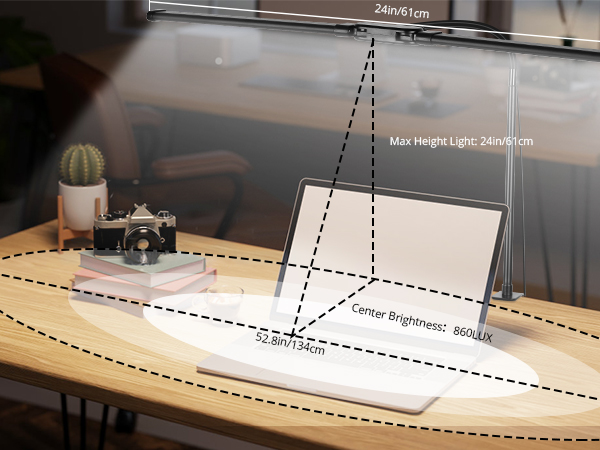 Rectangular LED desk lamp on wooden table. Features adjustable height, 24-inch length, and 860 LUX brightness. Slim design with measurement indicators for positioning.