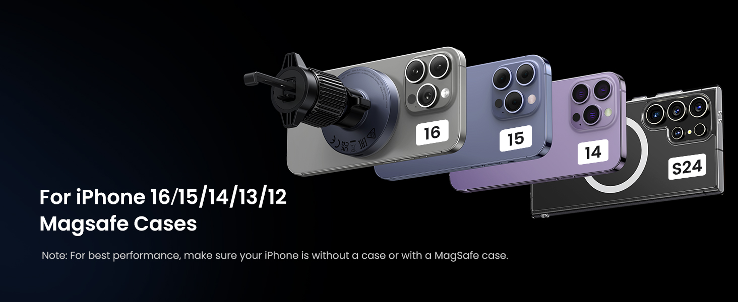 Four phone cases with prominent camera lens cutouts. Text indicates compatibility with iPhone 16/15/14/13/12 Magsafe cases.