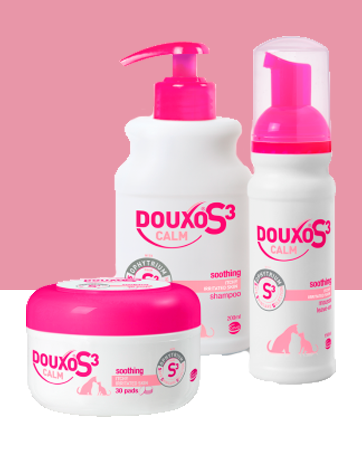 DOUXO S3 CALM Shampoo, Soothing Dog and Cat Shampoo Sensitive Skin, Effective Dog and Cat Shampoo for Itchy Skin, Hypoallergenic Fragrance, Hydrating Dog and Cat Shampoo, 200ml 11 Douxo S3 Calm Shampoo, Mousse, and Pads on white and pink background