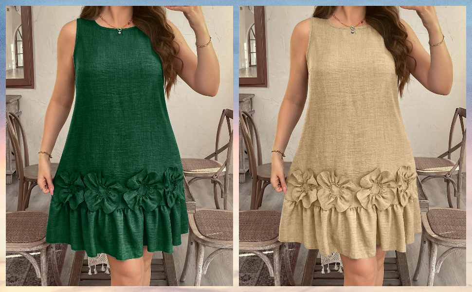 Floerns Women's Plus Size 3D Floral Round Neck Short Dress Ruffle Hem Sleeveless Tank Short Dress 