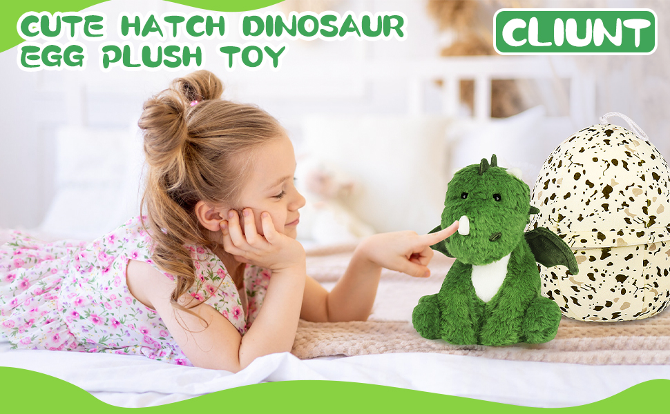 Green plush dinosaur toy next to a spotted egg-shaped plush, marketed as 'Cute Hatch Dinosaur Egg Plush Toy' by Cliunt brand.