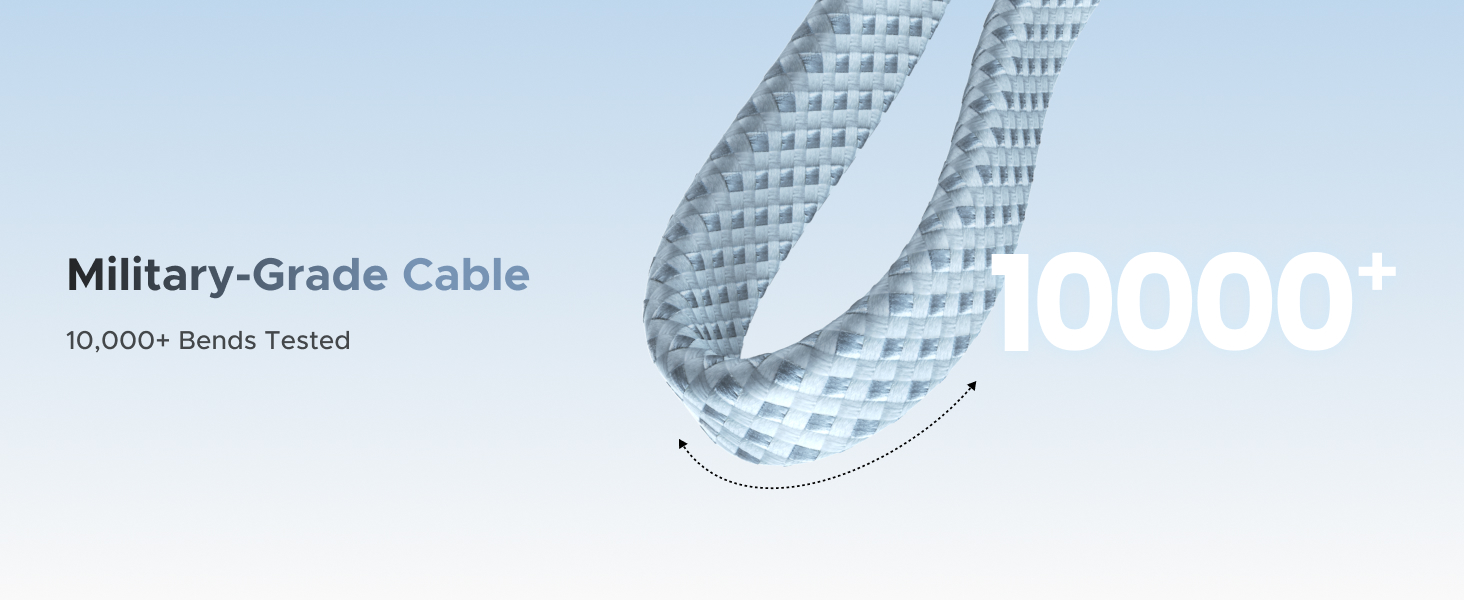 Text reads 'Military-Grade Cable' and '10,000+ Bends Tested'. Technical product demonstration showing cable durability testing.