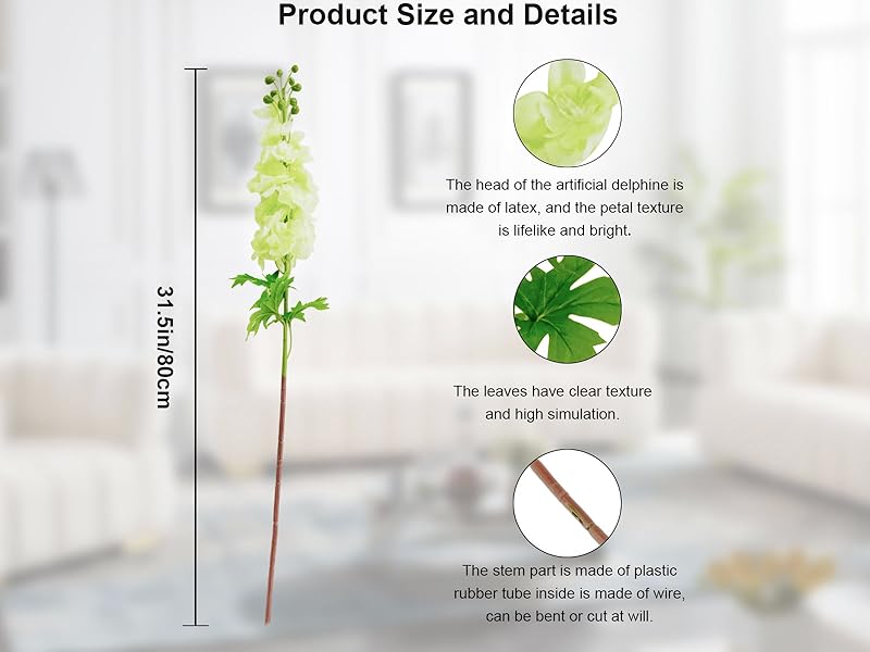 ZooeyRoose Green Delphinium Artificial Flowers 3pcs 31.5in