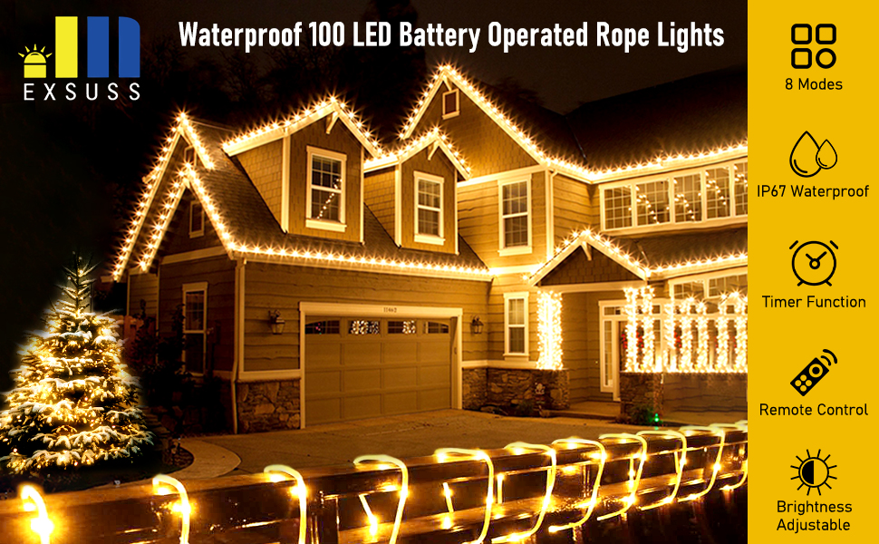 JMEXSUSS 100 LED Battery Rope Lights Outdoor Waterproof, 33ft 8 Modes