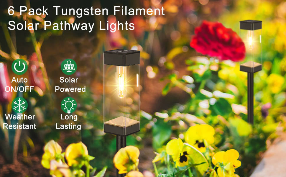 Solar Outdoor Lights, 6 Pack Solar Pathway Lights with LED Tungsten