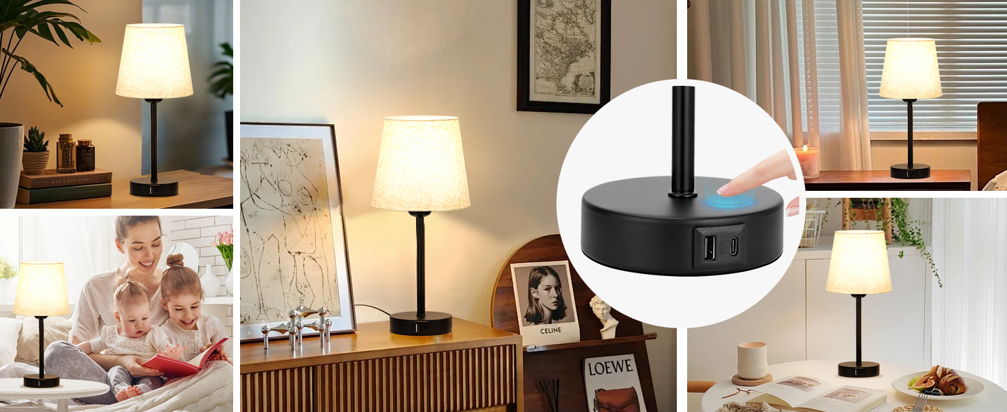 Collage showing table lamps in various home settings, with circular inset detail of lamp base in center. Multiple scenes show lamp illuminating living spaces and reading areas.