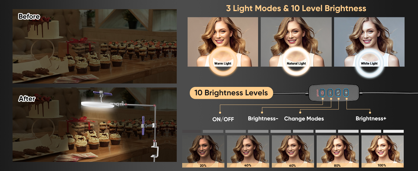 ring light with 3 color and 10 level brightness