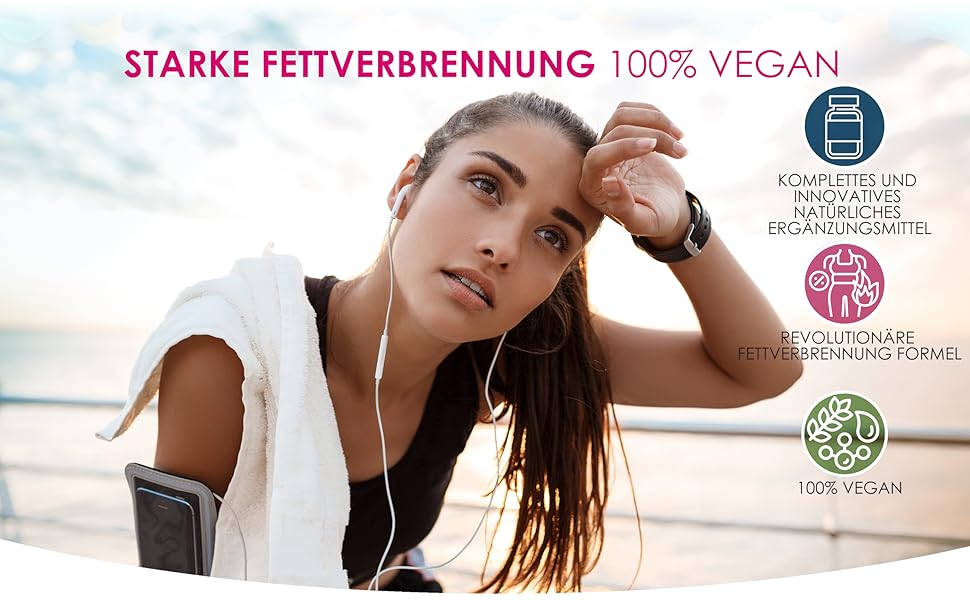 Promotional fitness image with text 'STARKE FETTVERBRENNUNG 100% VEGAN' and three circular icons indicating product features.