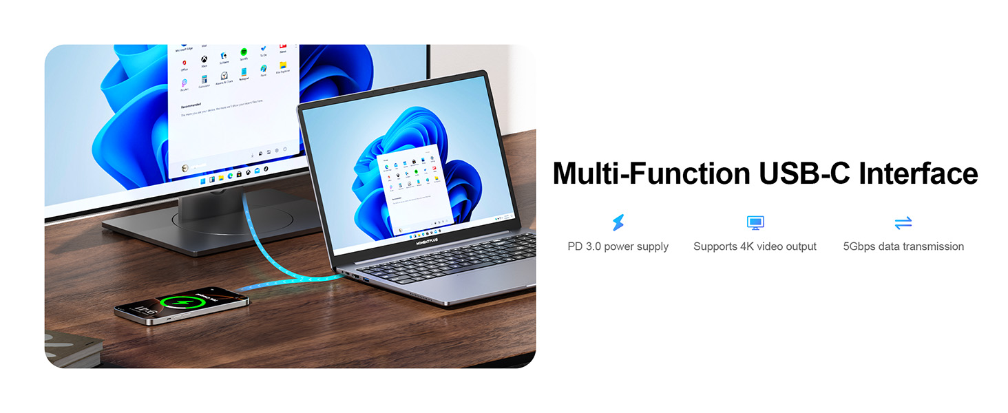 Text reads 'Multi-Function USB-C Interface'. Product image showing laptop and desktop computer displays with blue interface graphics.