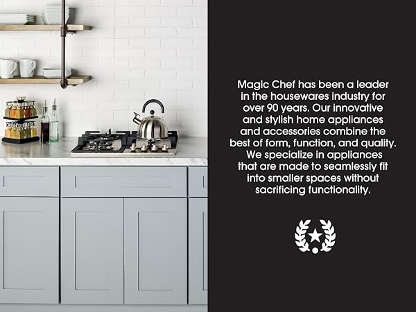 A kitchen with a counter and cupboards. Text reads: Innovative and stylish appliances.