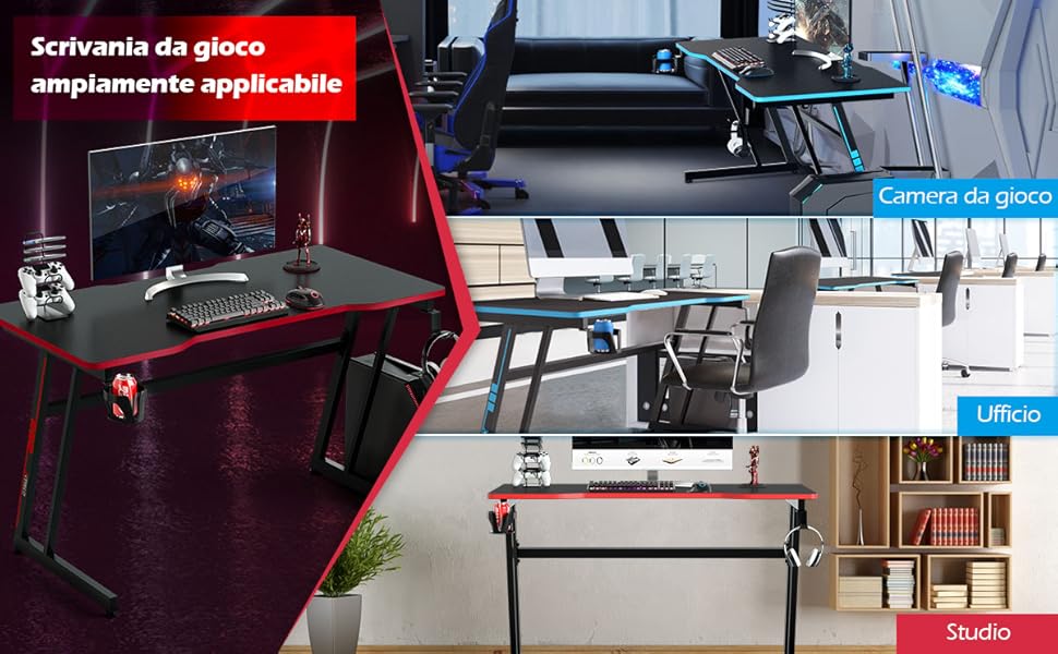 COSTWAY Scrivania Da Gaming 120 Cm, Tavolo Ergonomico Per Computer A Forma Di Z, Con Gancio Regolabile Per Cuffie, Porta Bicchiere, Ideale Per Casa E Ufficio (Blu) 12 1