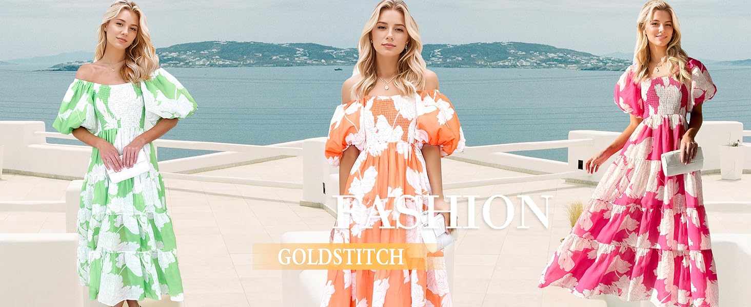 Womens  Puffy Short Sleeve Smocked Maxi Dress 