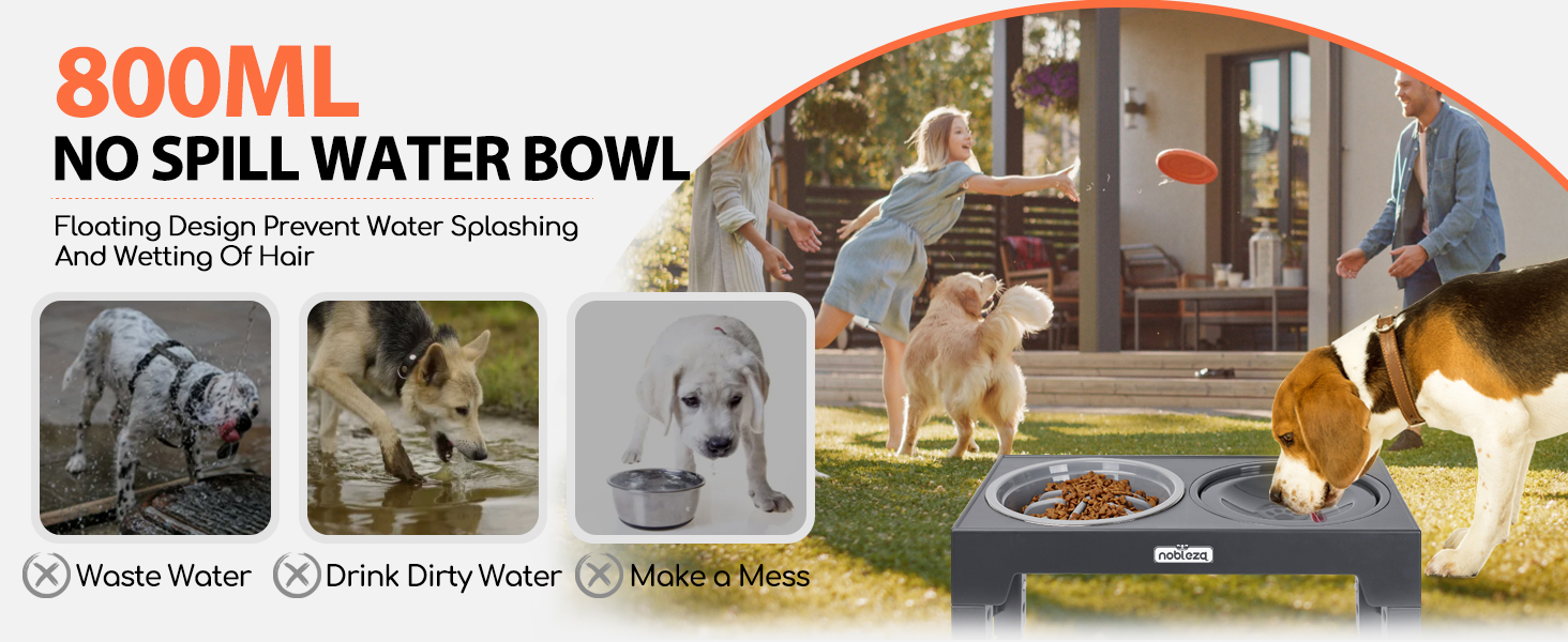 Recipiente de agua antiderrames de 800 ml para mascotas. Las características incluyen un diseño que ahorra residuos, un borde a prueba de salpicaduras y un disco flotante. Las imágenes muestran perros y gatos usando el cuenco en varios entornos