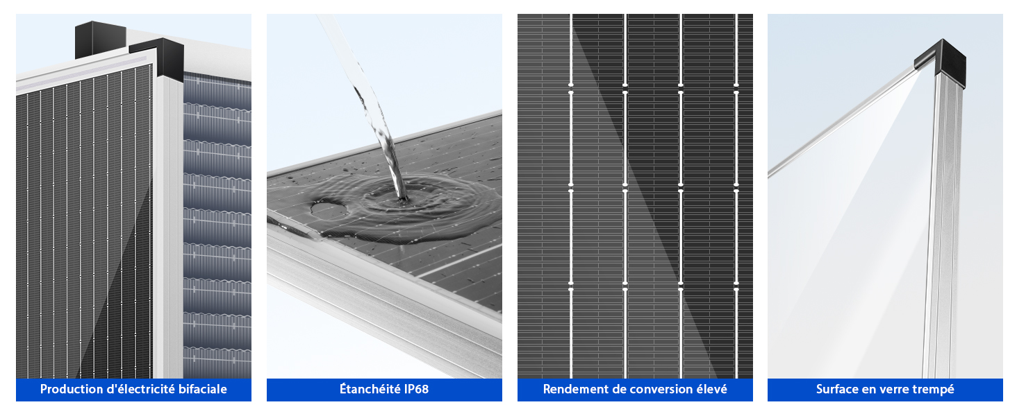 Image à quatre panneaux d'un panneau solaire : vue complète, surface résistante à l'eau, gros plan des cellules et profil latéral montrant un design fin. Démontre des caractéristiques de durabilité et d'efficacité.