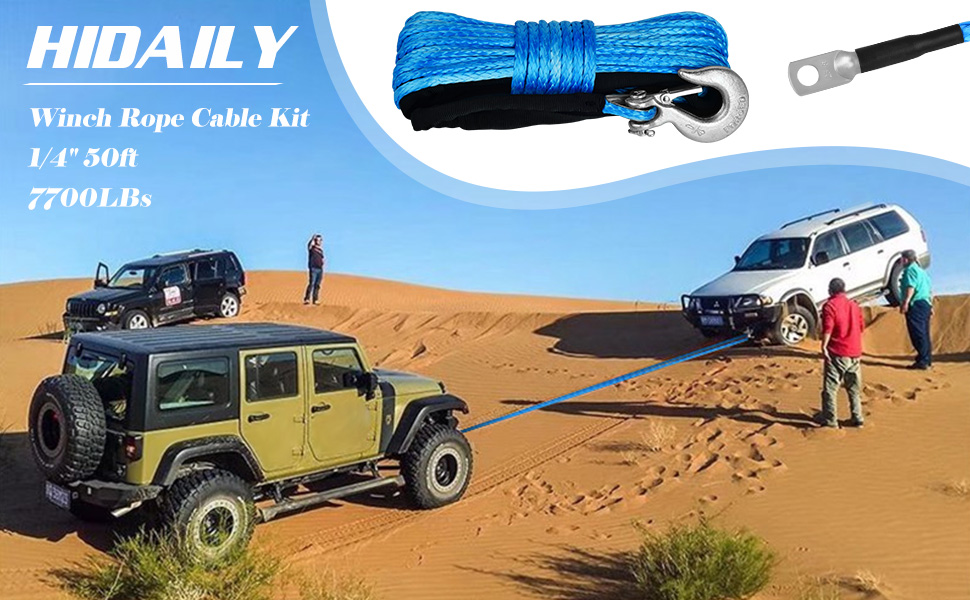 1/4" 50ft Winch Rope Kit, 7700LBs Tow Cable Rope, with Winch Hook and