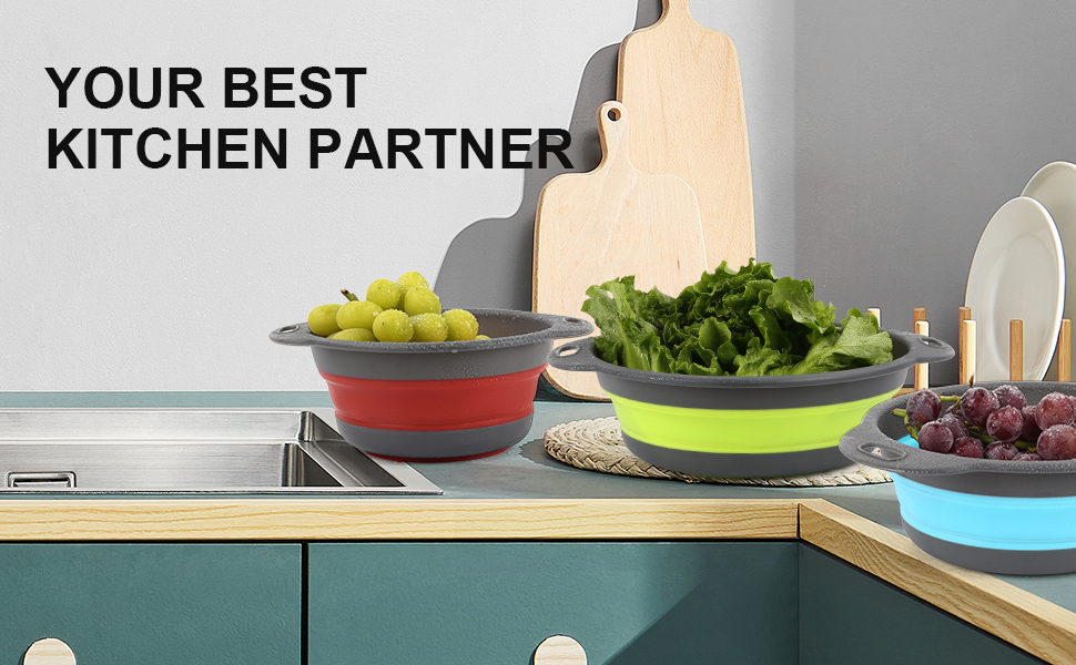 Collapsible Colander Set of 3 Kitchen Round Silicone