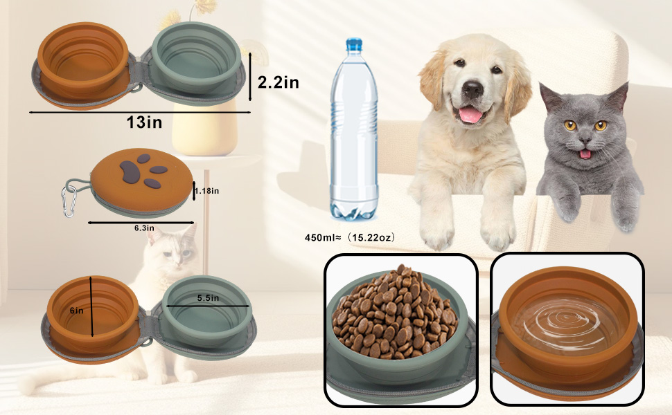collapsible travel dog bowl non-slip silicone 2-in-1 leakproof food grade camping car dishwasher